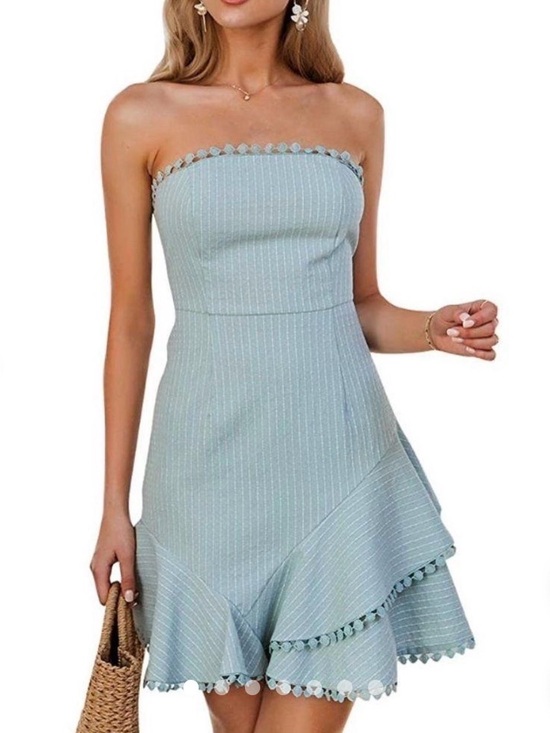 Simplee Apparel Dresses & Skirts - NWT Simplee Strapless Mint-Blue Pinstripe mini Dress back tie Pom Pom sz large